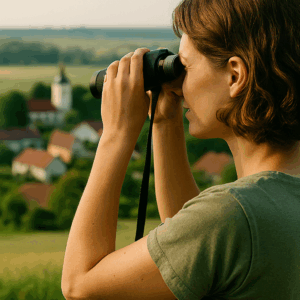 Eine Frau schaut mit einem Fernglas in die Natur