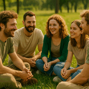 Mensch sitzen im Kreis zusammen in der Natur