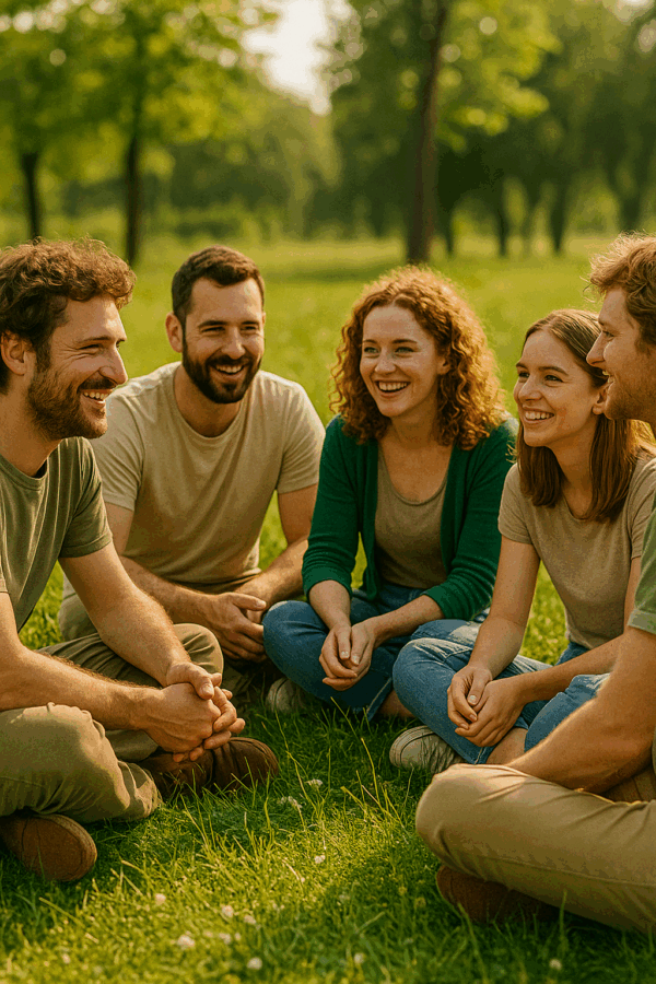 Mensch sitzen im Kreis zusammen in der Natur