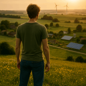 Ein Mann schaut auf ein Feld mit Solar und Windkrafträdern